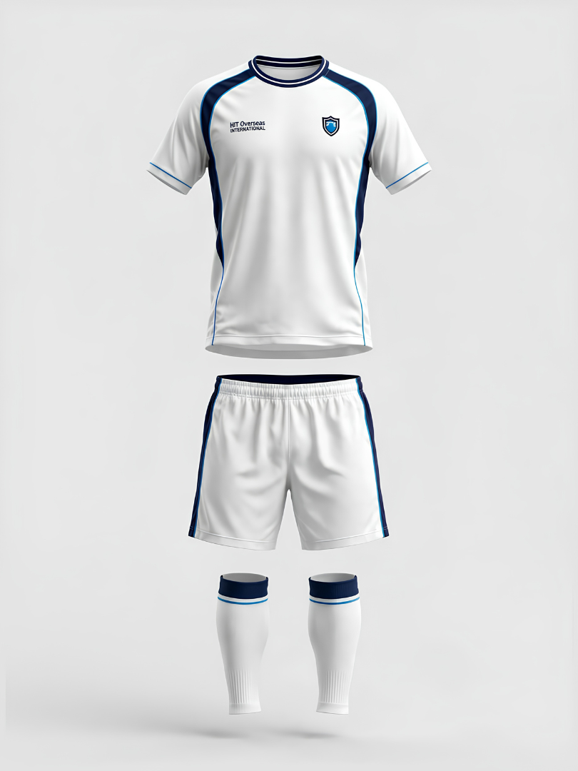 Custom White & Navy Blue Athletic Soccer Uniform Set