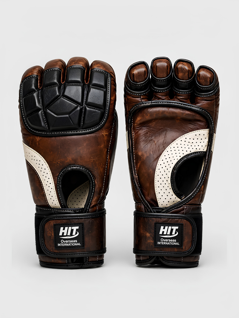 Vintage Brown Genuine Leather MMA Grappling Gloves