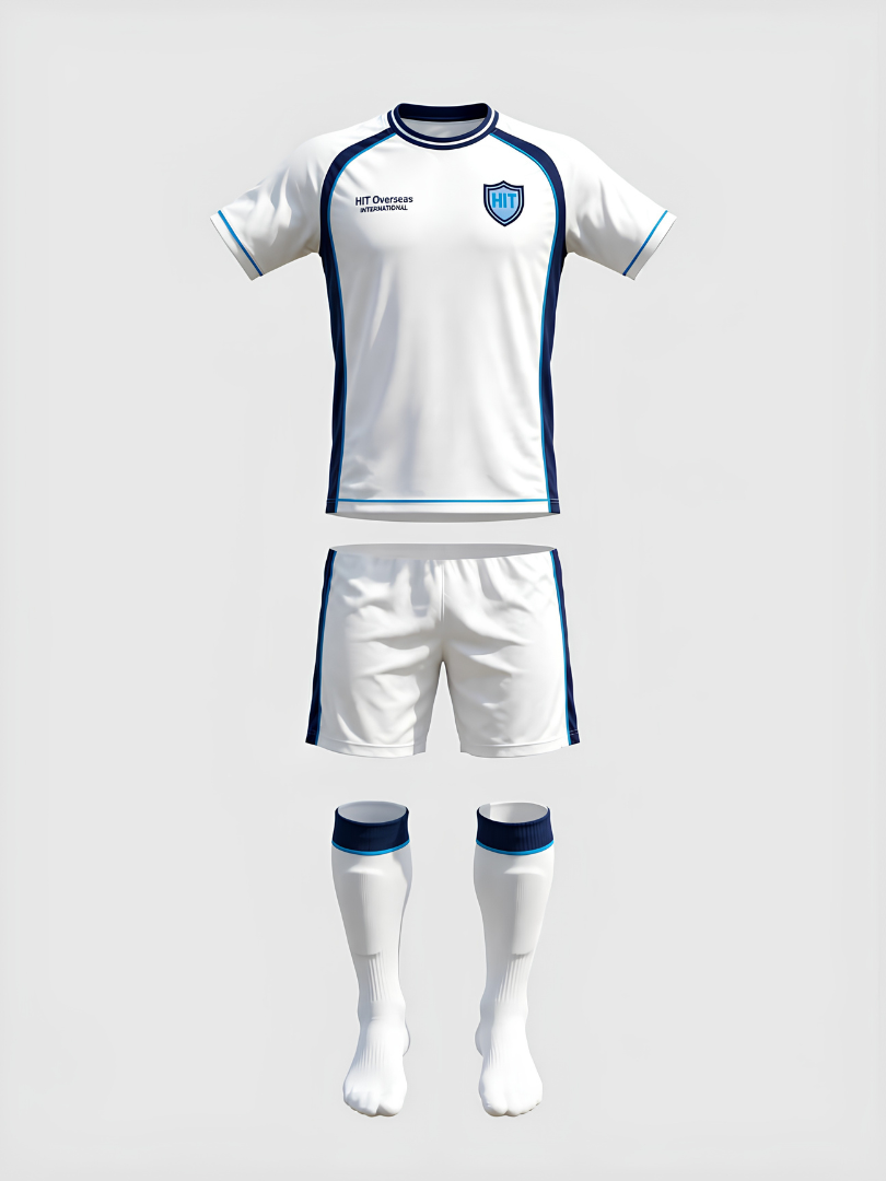 Custom White, Navy & Light Blue Athletic Soccer Uniform Set