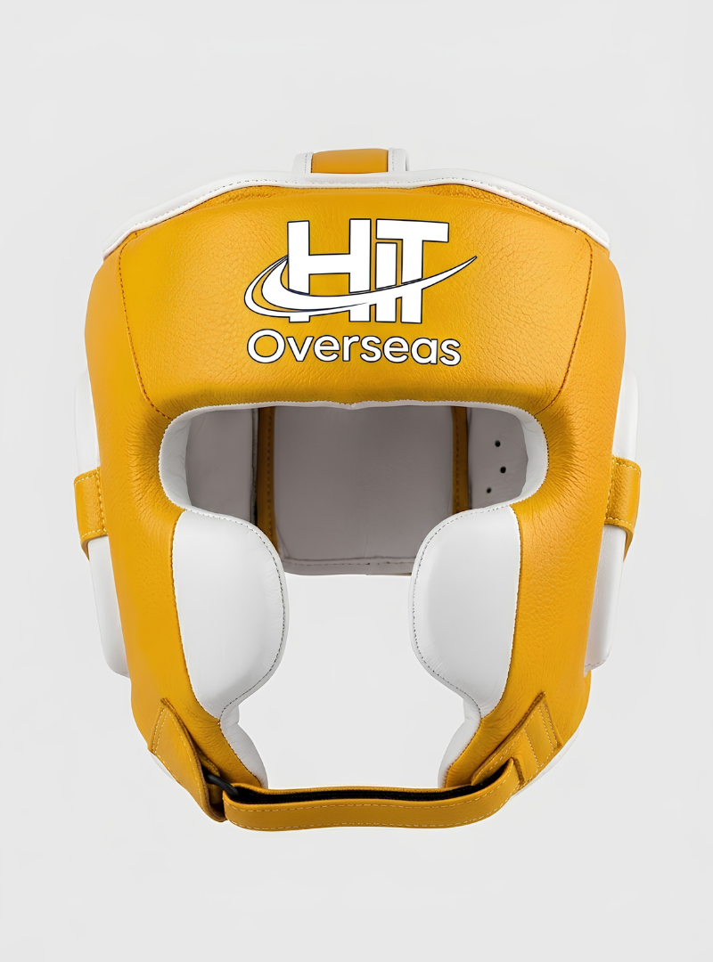 HIT Overseas Pro Leather Boxing Headgear – Gold / White Trim