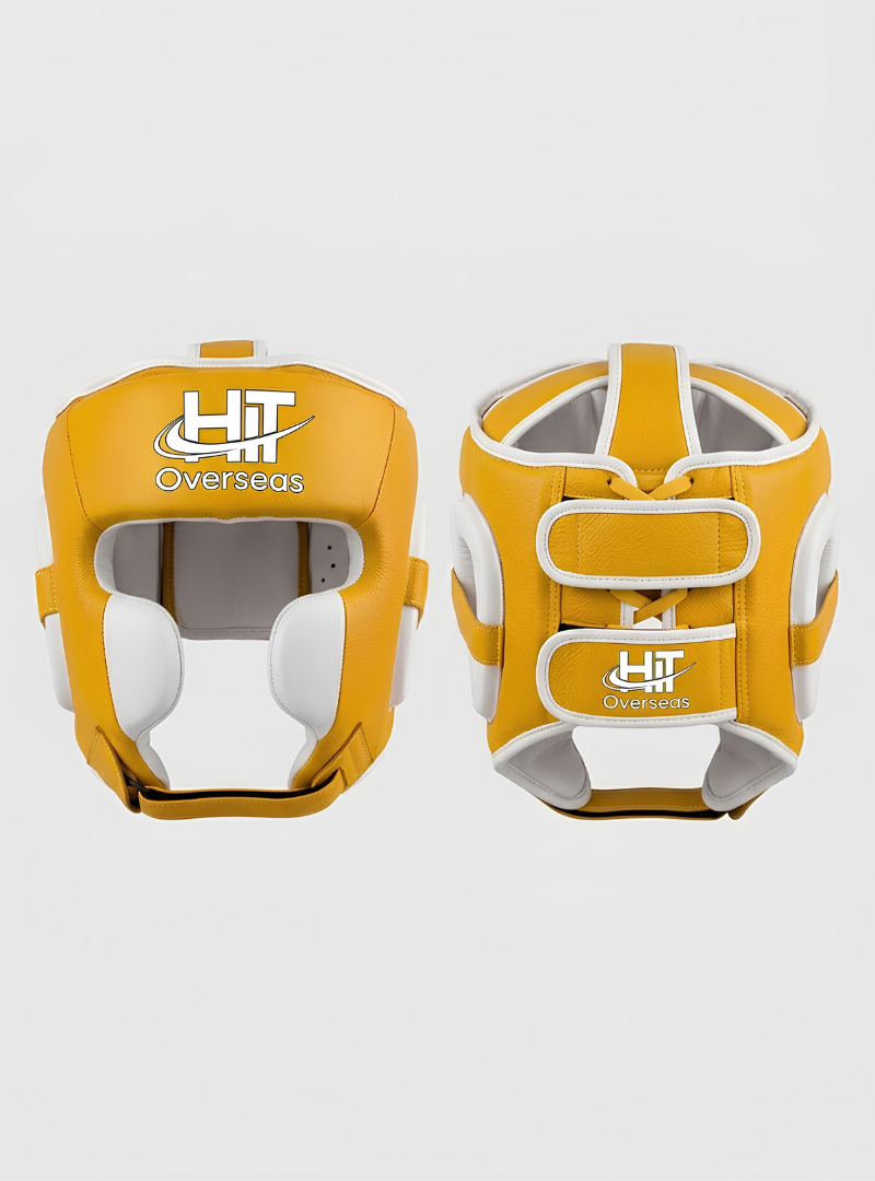 HIT Overseas Pro Leather Boxing Headgear – Gold / White Trim - Image 3