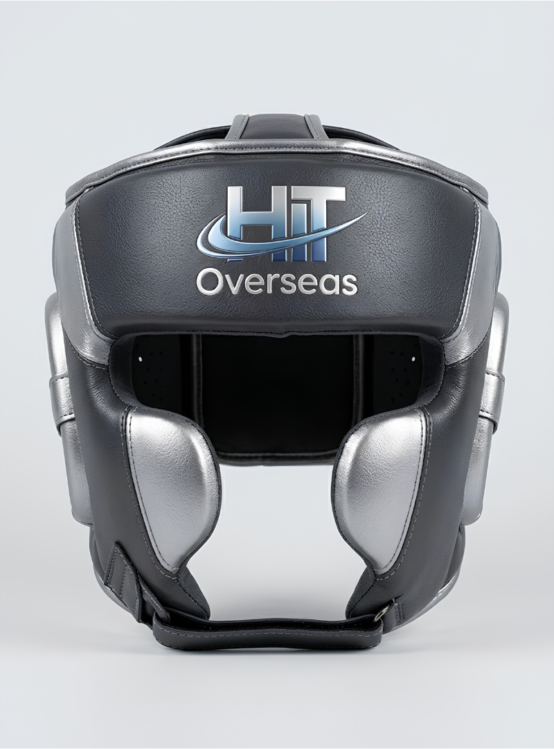 HIT Overseas Pro Leather Boxing Headgear – Charcoal Black / Metallic Silver