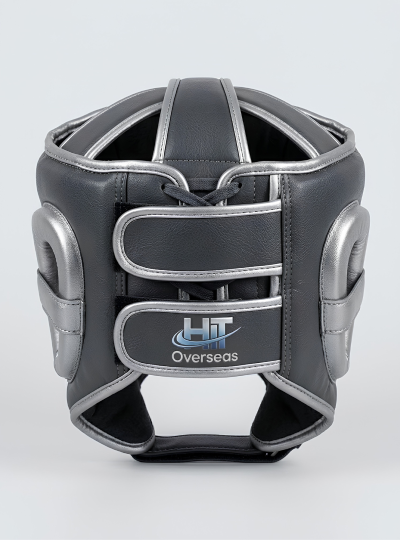 HIT Overseas Pro Leather Boxing Headgear – Charcoal Black / Metallic Silver - Image 2