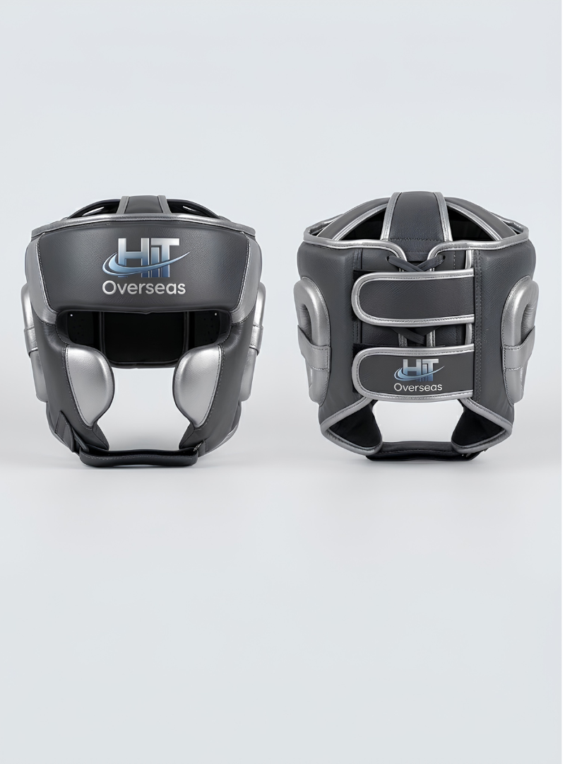 HIT Overseas Pro Leather Boxing Headgear – Charcoal Black / Metallic Silver - Image 3