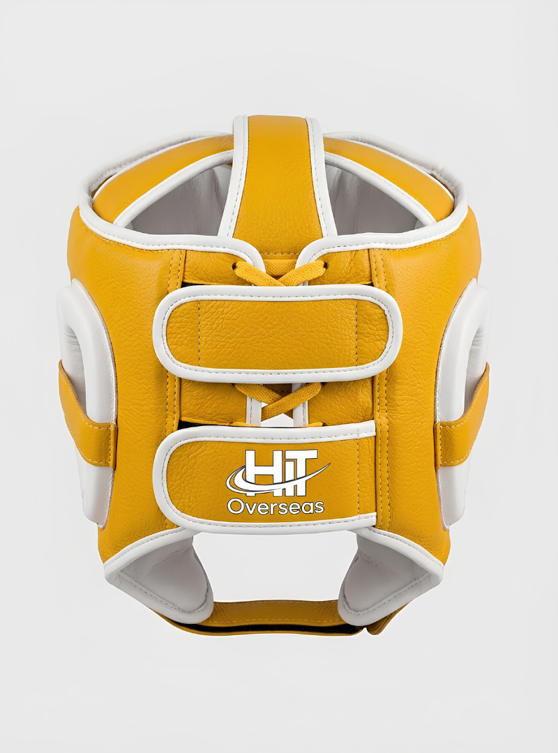 HIT Overseas Pro Leather Boxing Headgear – Gold / White Trim - Image 2