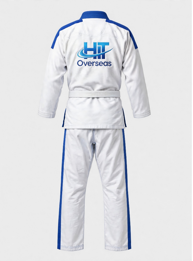 HIT Overseas Pro Pearl Weave Jiu-Jitsu Uniform – White / Royal Blue Trim - Image 2