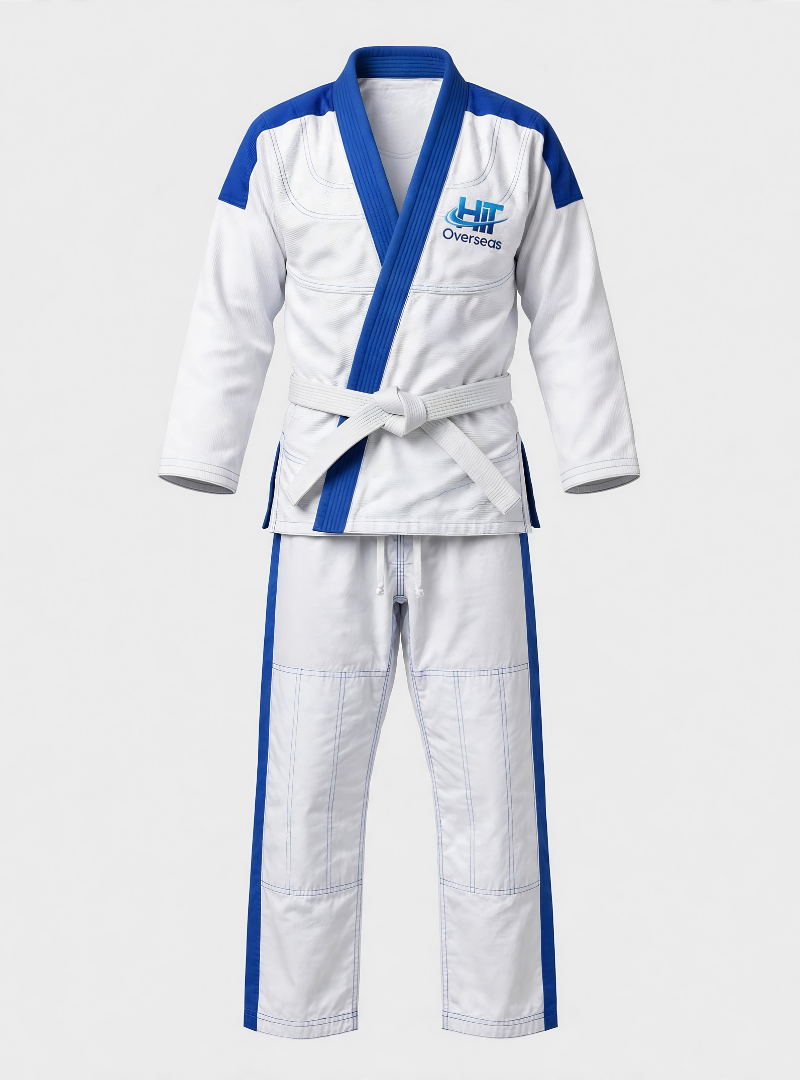 HIT Overseas Pro Pearl Weave Jiu-Jitsu Uniform – White / Royal Blue Trim