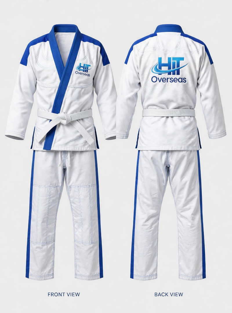 HIT Overseas Pro Pearl Weave Jiu-Jitsu Uniform – White / Royal Blue Trim - Image 3