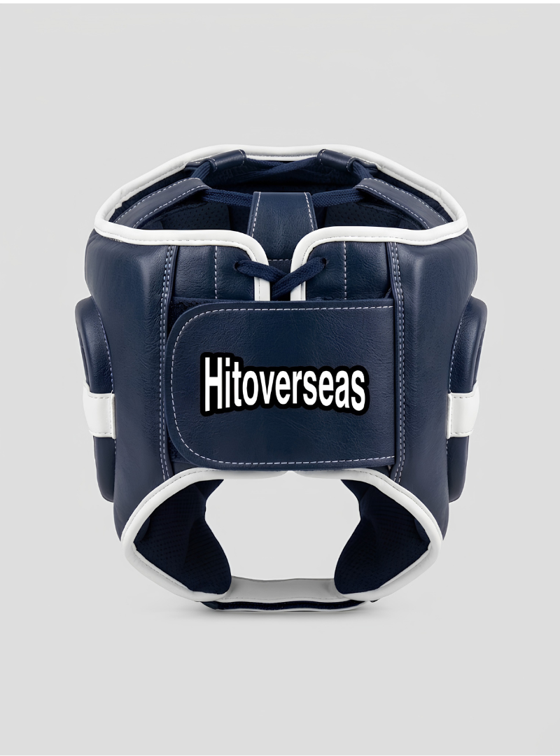 HitOverseas Pro Leather Boxing Headgear – Navy Blue / White Trim - Image 2