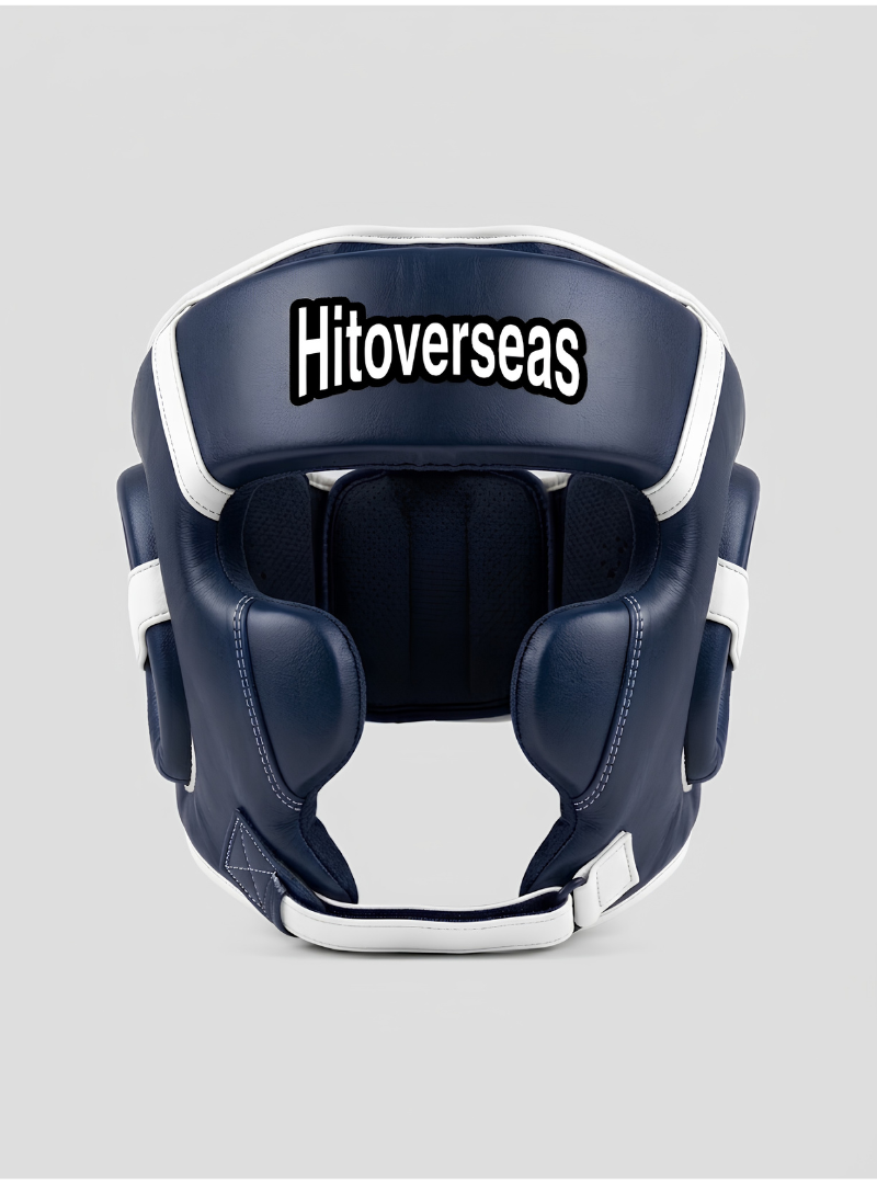 HitOverseas Pro Leather Boxing Headgear – Navy Blue / White Trim