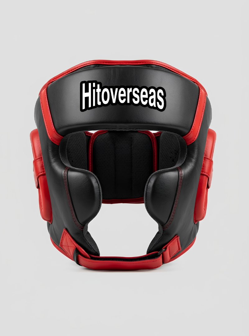 HitOverseas Pro Leather Boxing Headgear – Black / Red Trim