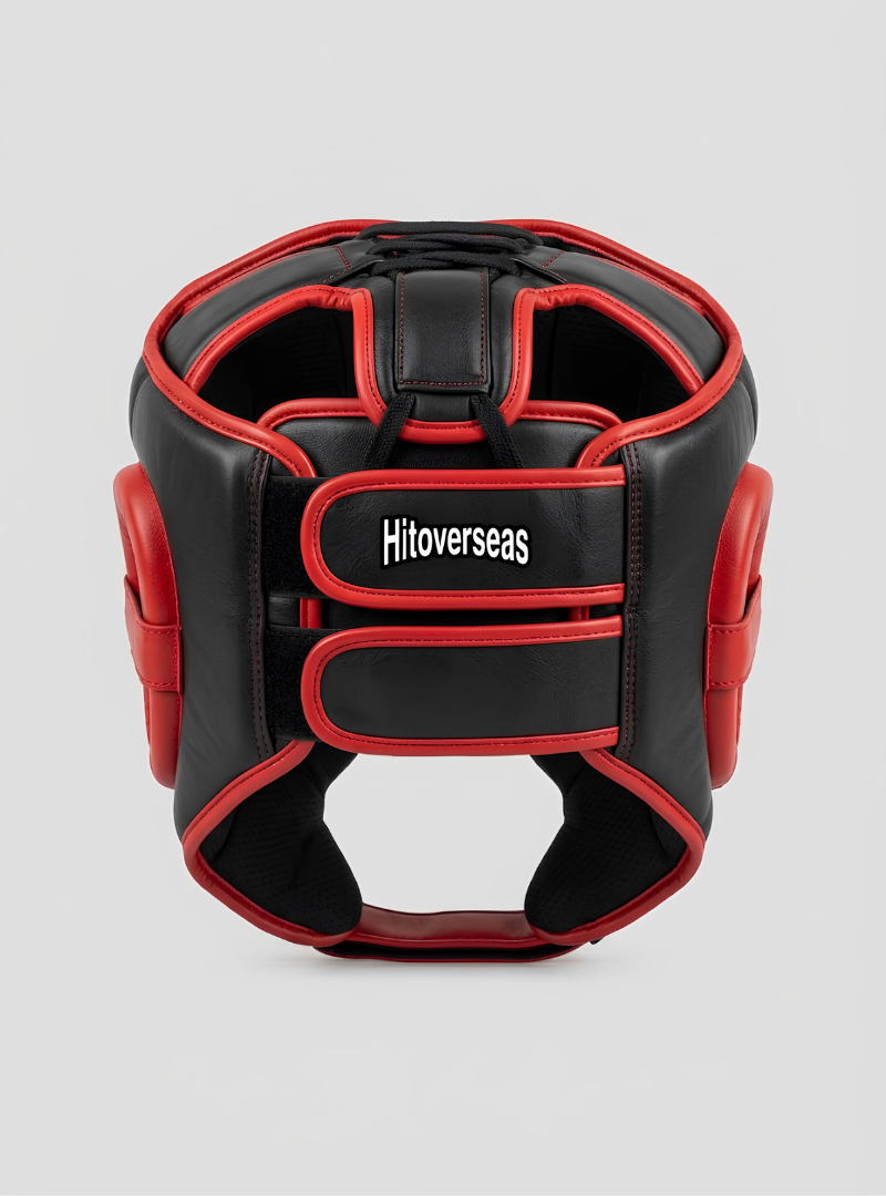HitOverseas Pro Leather Boxing Headgear – Black / Red Trim - Image 2