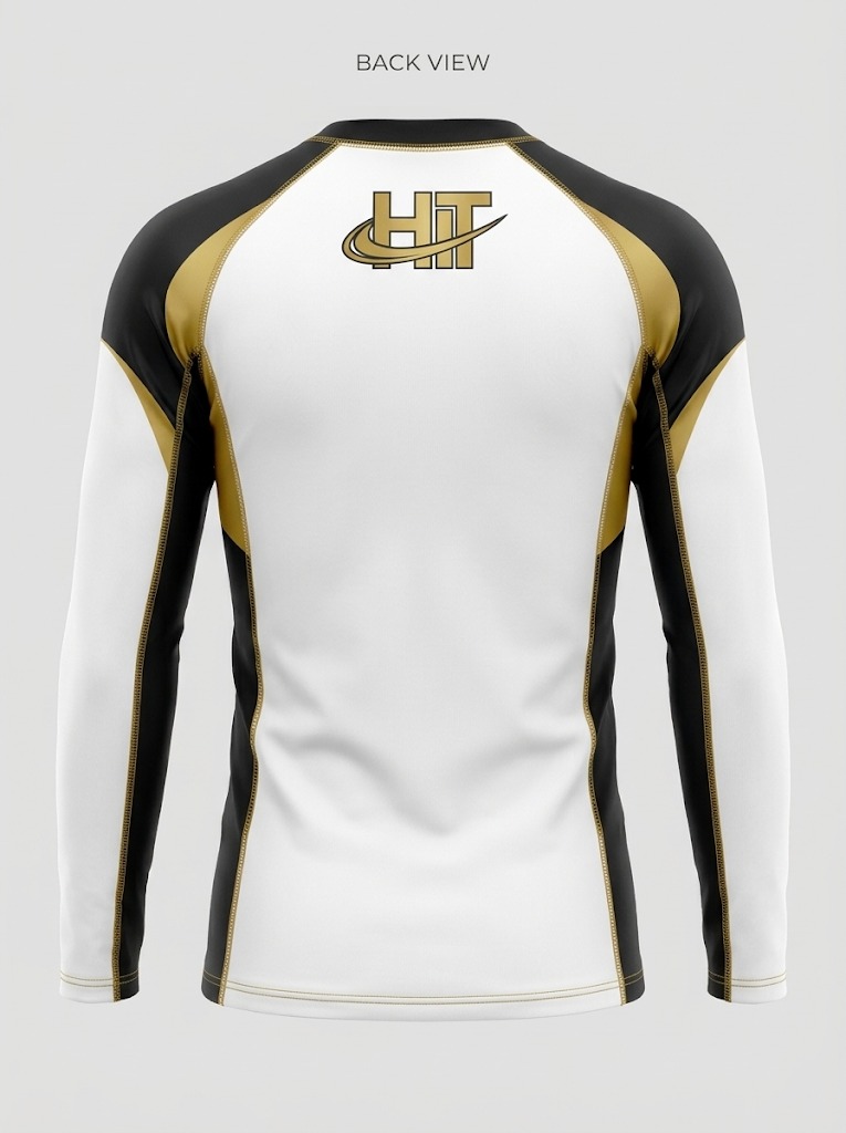 HT Pro Long Sleeve Compression Rash Guard – White / Black / Gold - Image 2