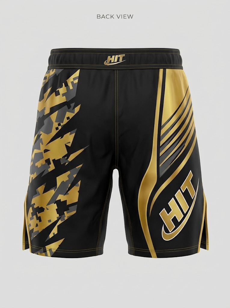 HT Pro Graphic MMA Fight Shorts – Gold Camo & Black - Image 2